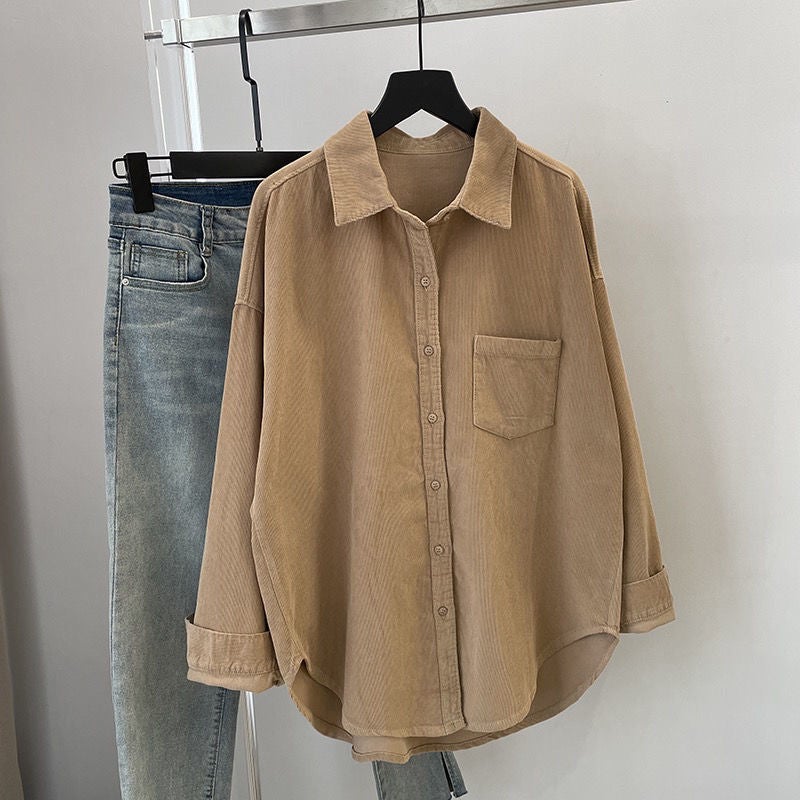French Design Sense Niche Corduroy Sanding Retro Hong Kong Flavor Light Mature Shirt Womens 2025 Spring and Autumn New Top Apricot - Image 2