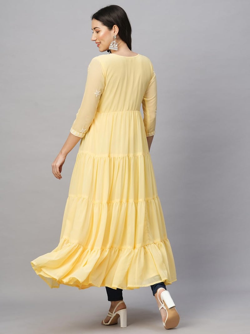 RATAN Women's Solid Georgette Tiered Chikankari Flared Regular Fit Kurti Gown Maxi Dress (MSK-YLW-3XL_Yellow) - Image 3