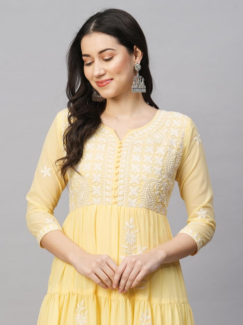 RATAN Women's Solid Georgette Tiered Chikankari Flared Regular Fit Kurti Gown Maxi Dress (MSK-YLW-3XL_Yellow) - Image 4