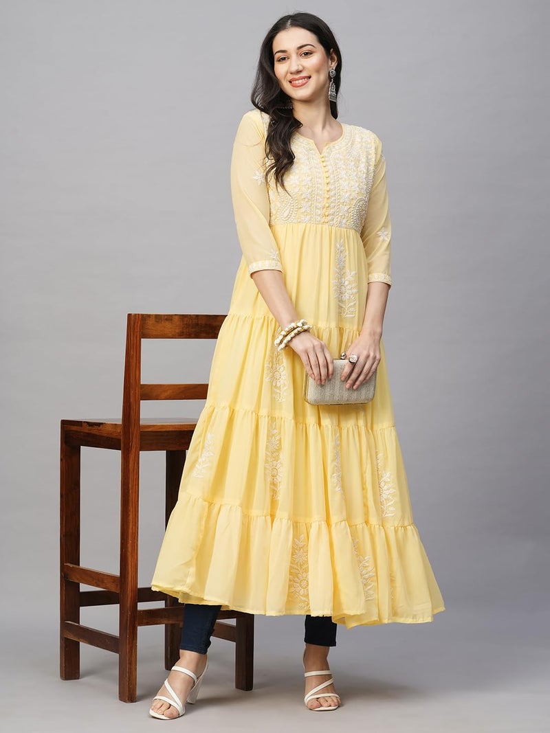 RATAN Women's Solid Georgette Tiered Chikankari Flared Regular Fit Kurti Gown Maxi Dress (MSK-YLW-3XL_Yellow) - Image 2