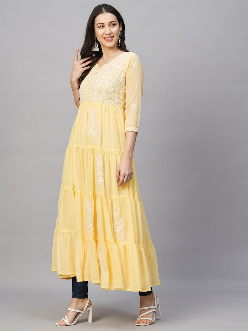 RATAN Women's Solid Georgette Tiered Chikankari Flared Regular Fit Kurti Gown Maxi Dress (MSK-YLW-3XL_Yellow) - Image 5