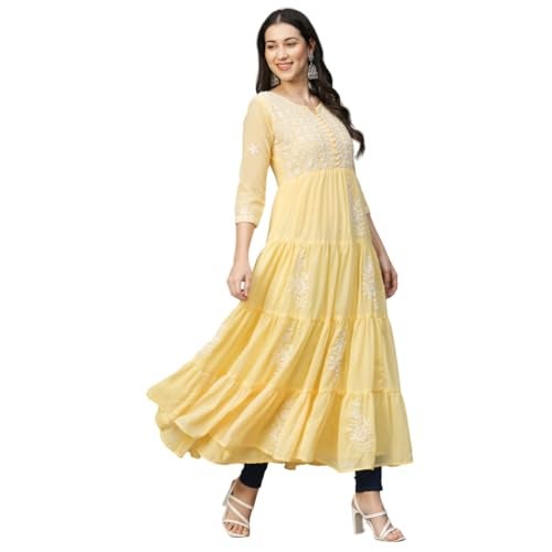 RATAN Women's Solid Georgette Tiered Chikankari Flared Regular Fit Kurti Gown Maxi Dress (MSK-YLW-3XL_Yellow) - Image 1