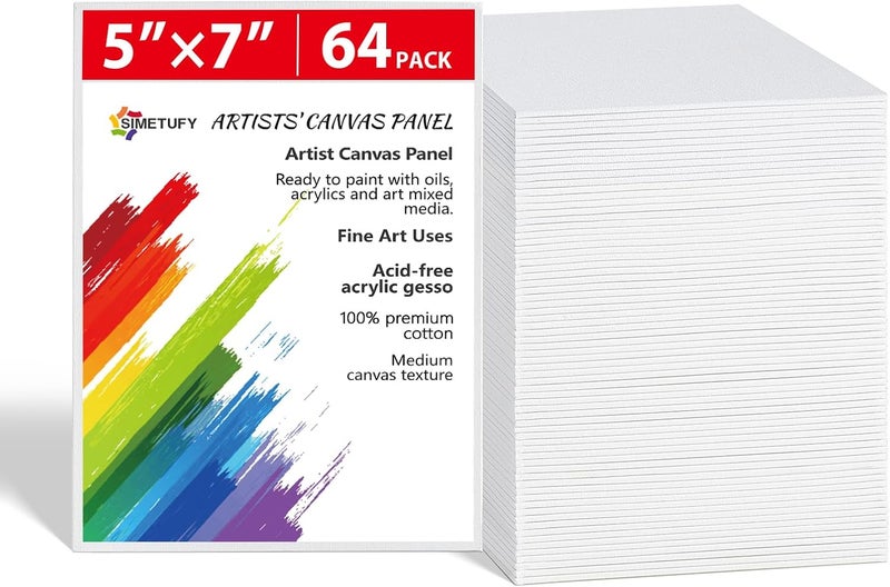 Simetufy 64 Pack 5x7 inch Flat Canvas Boards for Kids Painting, Small Canvas Panels Blank- Gesso Primed Acid-Free 100% Cotton for Acrylics Oil Watercolor Tempera Paints - Image 1