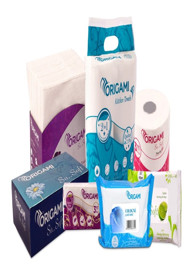 Origami Super Saver Combo with Toilet Roll, Kitchen Roll, Face Tissue, Wet Wipes, Pocket Tissues, Paper Napkins - Image 1