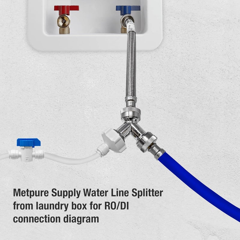 Metpure موزع خط تغذية المياه النقية من مخرج غسالة الملابس لنظام ترشيح المياه والتناضح العكسي وإزالة الأيونات وحوض الأسماك. خرطوم بطول 25 قدم × 1/4 بوصة مع صمام إغلاق وموصل Y + خرطوم إمداد - Image 3