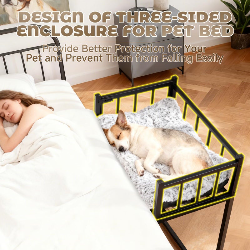NewEle Beside Dog Bed and Mattress Set - Metal Three-Sided Fence Pet Dogs Bed Frame, Adjustable Height Dogs Bed Extension Attachment for Human Bed, for Small/Medium Puppy(25.5''L x 17.7''W) - Image 3