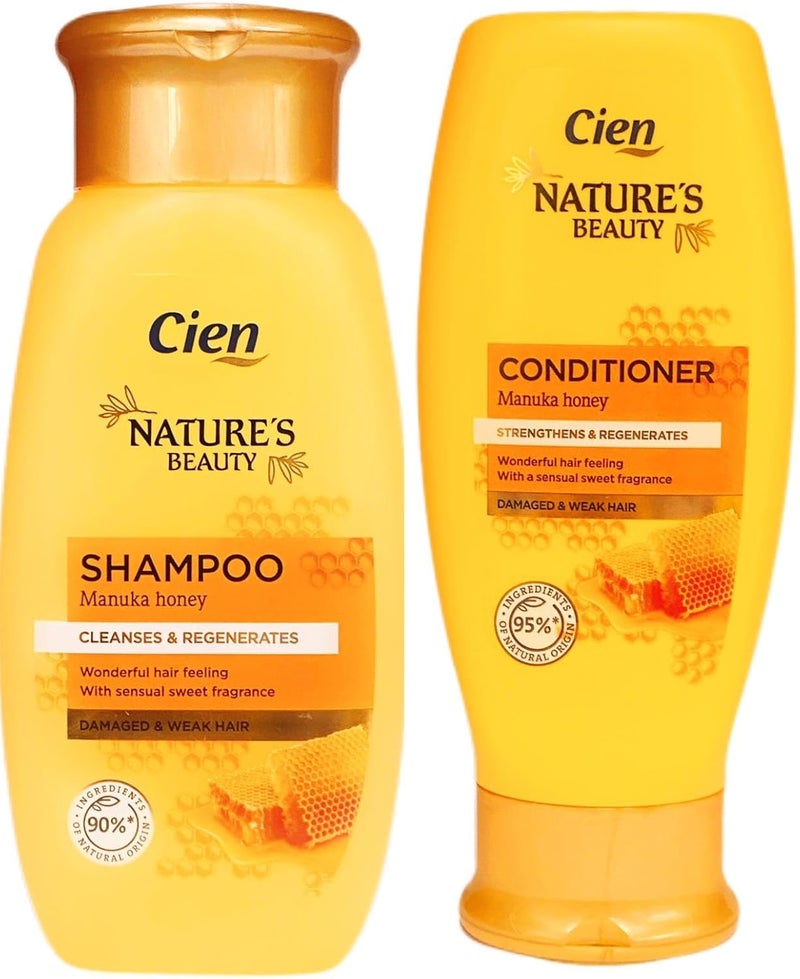 2x LidI Cn Natures Beauty Vegan Hair Shampoo Conditioner Manuka Honey For Damaged and Weak Hair 300mL 250mL