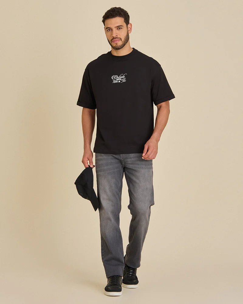 Redtag Men Black Printed T-Shirt