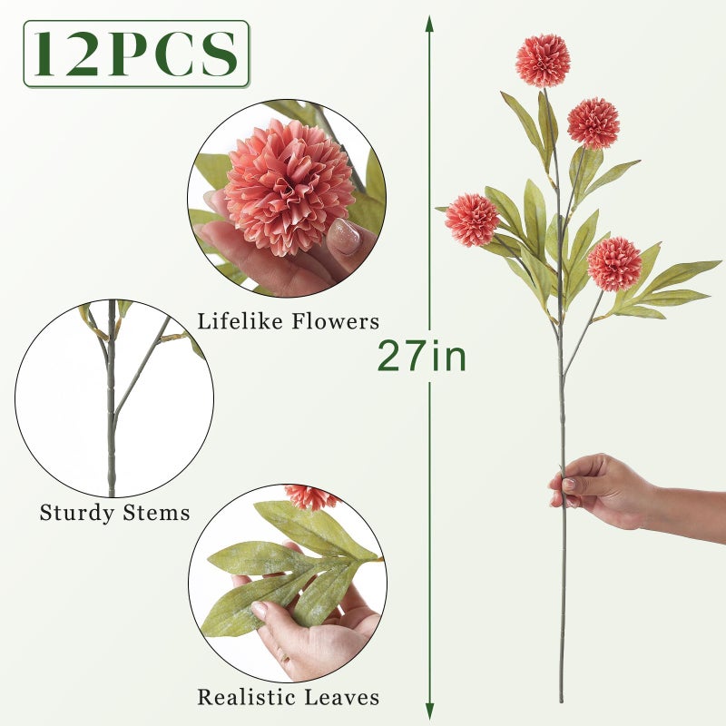 VIERENA 12 Pcs Faux Silk Pompon Mum Artificial Flowers for Vase -27", Bulk Fake Chrysanth Branches with Stems for DIY Bouquet Centerpieces Wedding Fillers Arrangements Shower Decorations (Dusty Pink) - Image 5