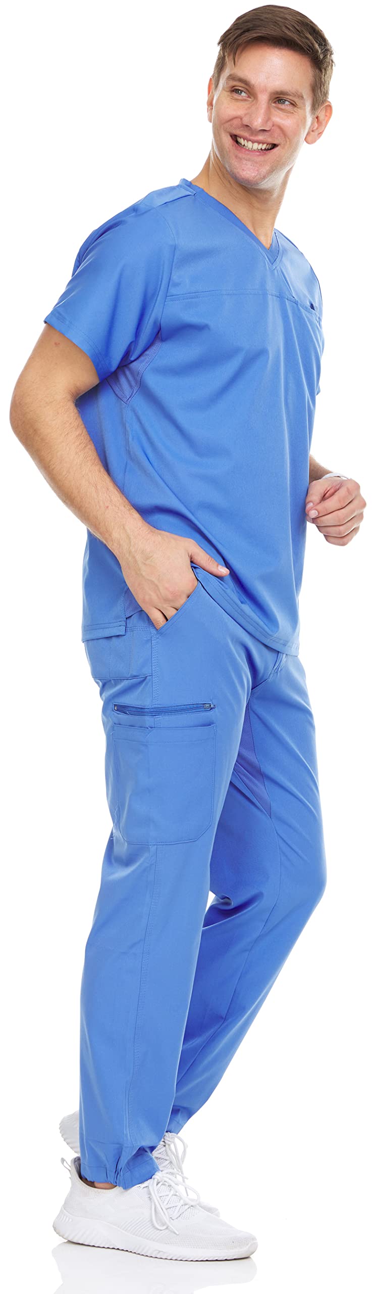 MediChic Men's Scrubs Set – Stretch V-Neck Workwear, 7-Pocket Jogger Pants, Flex Medical Uniforms, Ceil Large - Image 2