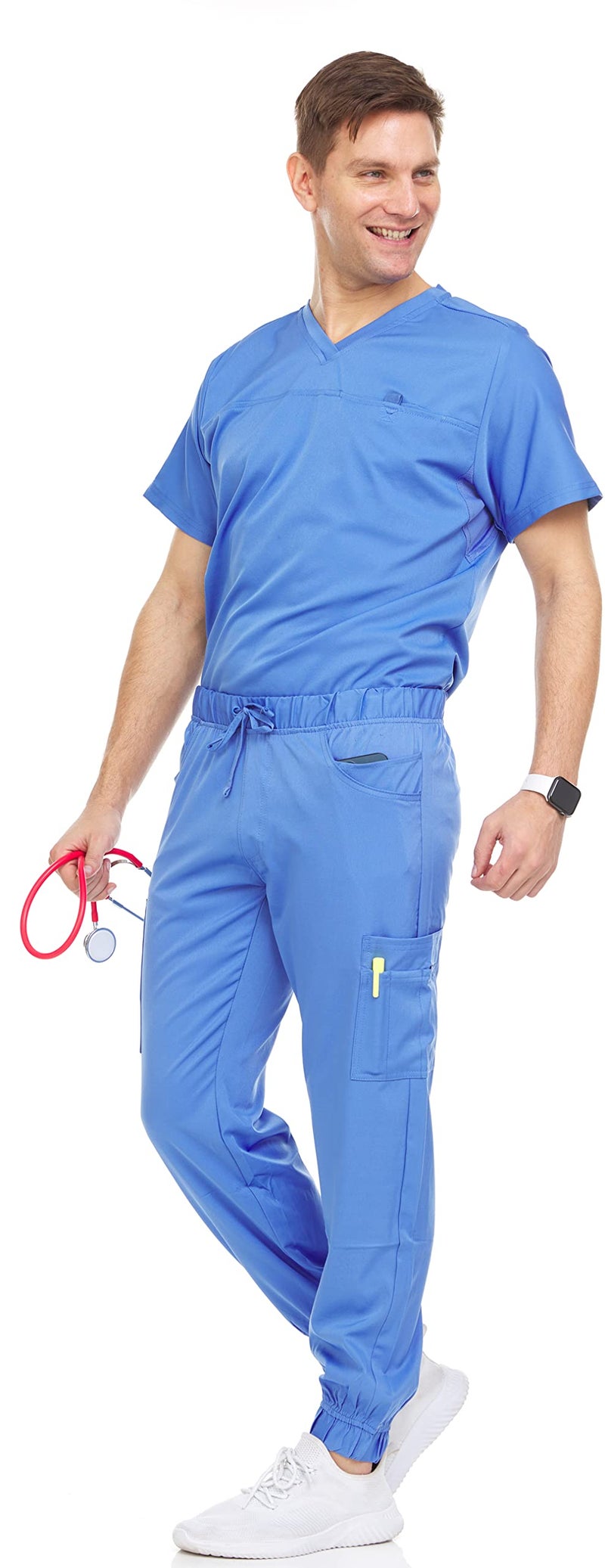 MediChic Men's Scrubs Set – Stretch V-Neck Workwear, 7-Pocket Jogger Pants, Flex Medical Uniforms, Ceil Large - Image 4