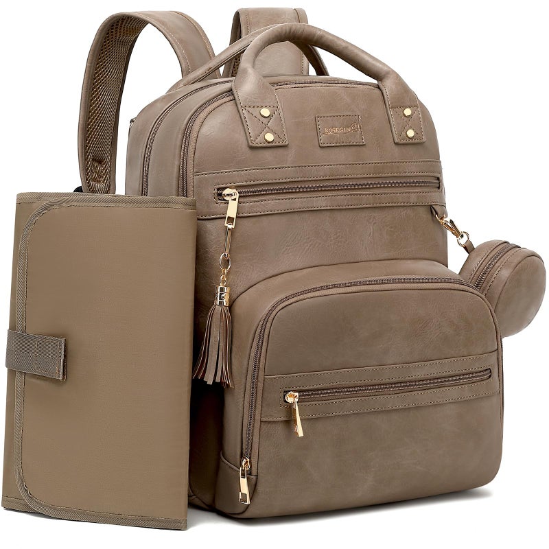 ROSEGIN Premium Vegan Leather Diaper Bag Backpack with Waterproof Changing Pad, Reinforced Zippers & Odor-Free, 20 Pockets Pro Organizer, Fits 15.6" Laptop, Stroller Straps, Baby Bag for Mom, Taupe - Image 1