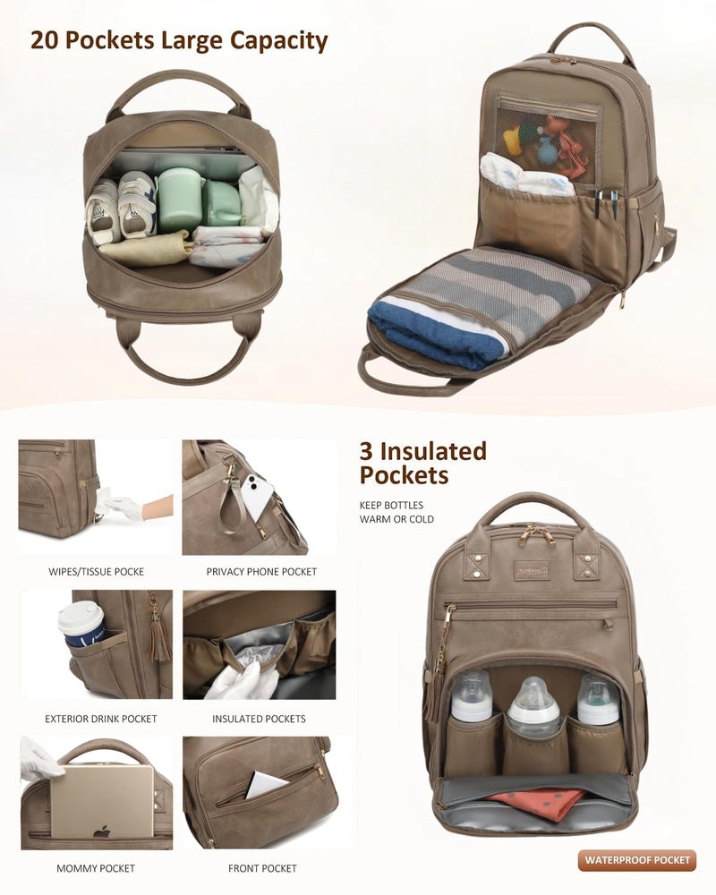 ROSEGIN Premium Vegan Leather Diaper Bag Backpack with Waterproof Changing Pad, Reinforced Zippers & Odor-Free, 20 Pockets Pro Organizer, Fits 15.6" Laptop, Stroller Straps, Baby Bag for Mom, Taupe - Image 2
