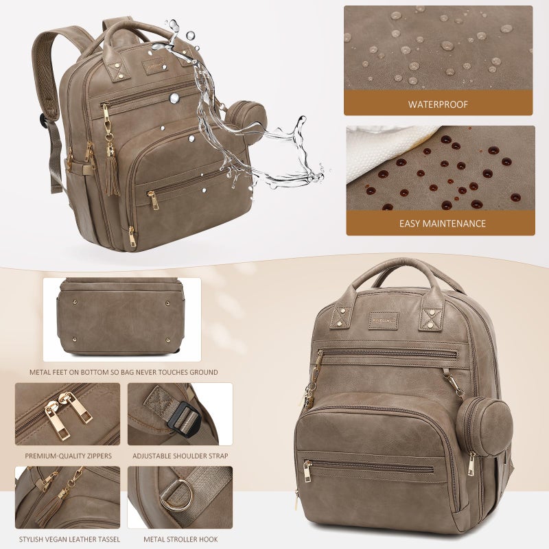 ROSEGIN Premium Vegan Leather Diaper Bag Backpack with Waterproof Changing Pad, Reinforced Zippers & Odor-Free, 20 Pockets Pro Organizer, Fits 15.6" Laptop, Stroller Straps, Baby Bag for Mom, Taupe - Image 5