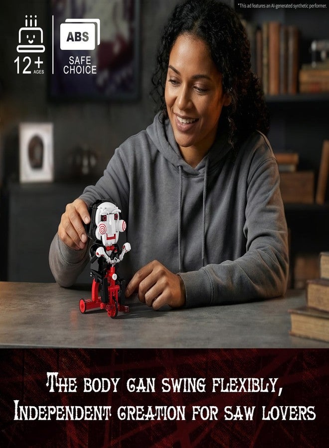 JAKI Saw Billy the Puppet Building Blocks Set, Official Licensed Horror Classic Collectible Figure, Fully Movable Bike, Model for Desktop Display, Gift for Horror Fans Ages 12+ - Image 4