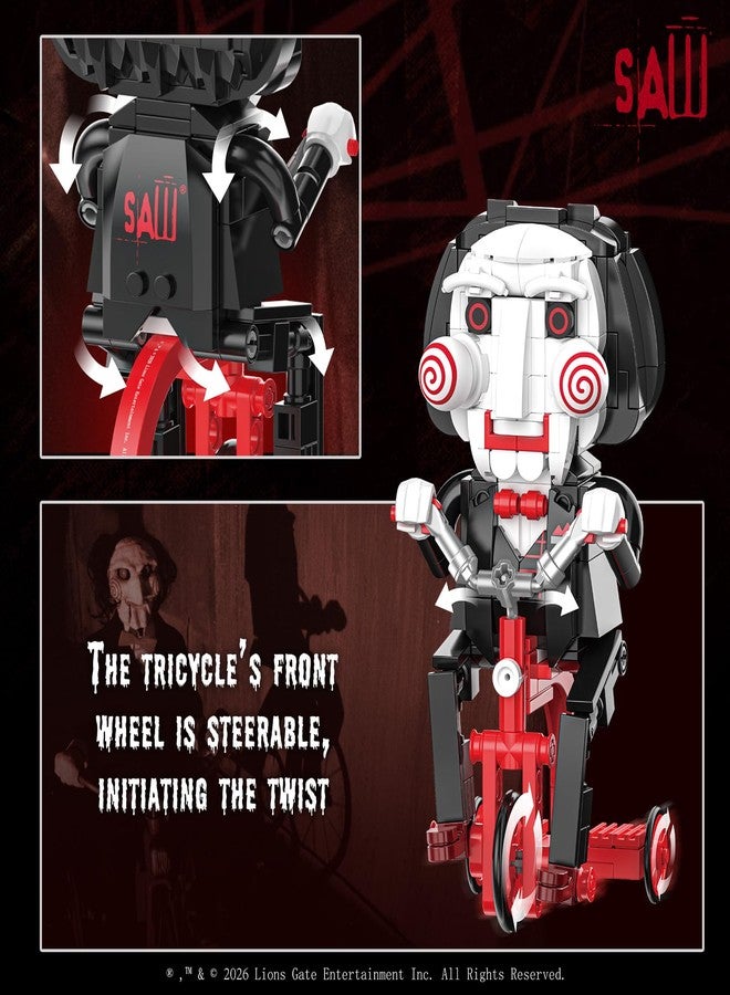 JAKI Saw Billy the Puppet Building Blocks Set, Official Licensed Horror Classic Collectible Figure, Fully Movable Bike, Model for Desktop Display, Gift for Horror Fans Ages 12+ - Image 3