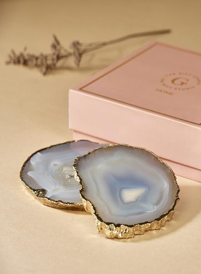 THE GIFT STUDIO.COM Coasters with Gold Edge (Grey Agate), Semi-Precious Stone, Set of 2, Decorative Drink Holders | The Gift Studio - Image 1