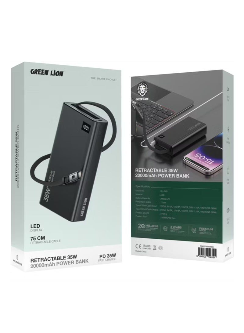 GREEN LION Retractable 20000mAh Power Bank with 35W Power Delivery, LED Display, 75cm Cable Length, Type-C Port, Fast Charge Support_Black - Image 3