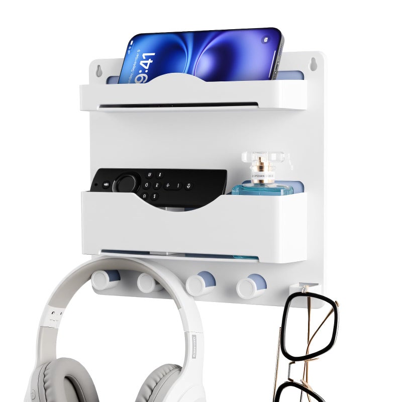 JUMEIHUI Bedside Wall Shelf with Glasses Hooks ï¼ŒAdhesive Bedside Organizer Wall Mount for Dorm and Room Accessories Phoneï¼ŒRemoteï¼ŒEarphoneï¼Œ Kindle (White) - Image 1