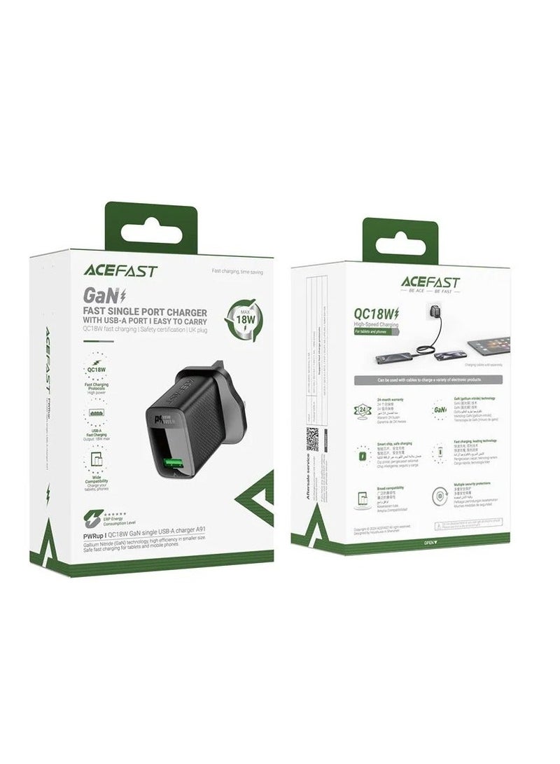 ACEFAST A91 QC 18W GaN Charger Single USB-A Phone Charger Adapter UK Plug - Image 4