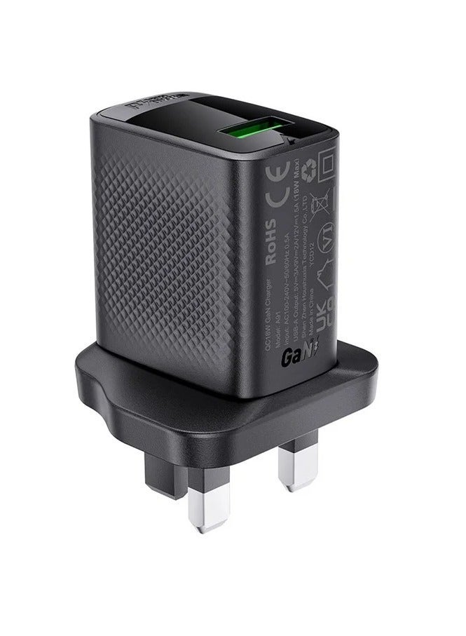 ACEFAST A91 QC 18W GaN Charger Single USB-A Phone Charger Adapter UK Plug - Image 1