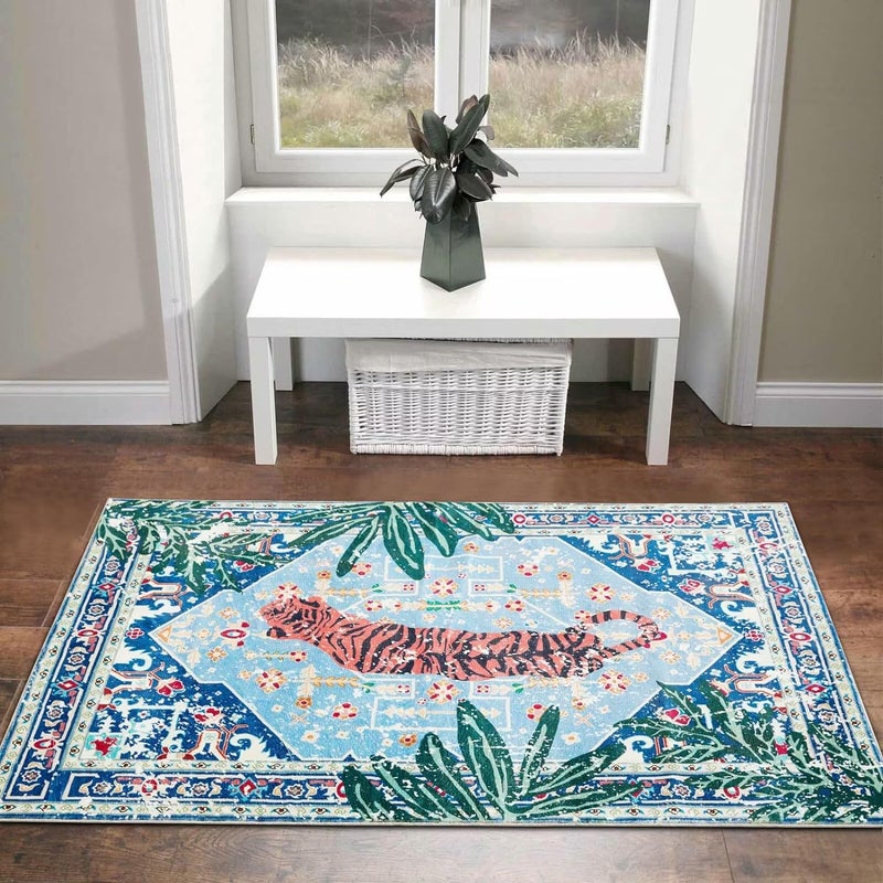 Aldopein Tropical Jungle Rugs, 2x3 Faux Wool Botanical Boho Throw Rugs for Bathroom Kitchen Small Indoor Entryway Rug Modern Vintage Distressed Hippie Indian Accent Floor Mat Non-Slip Washable - Image 5