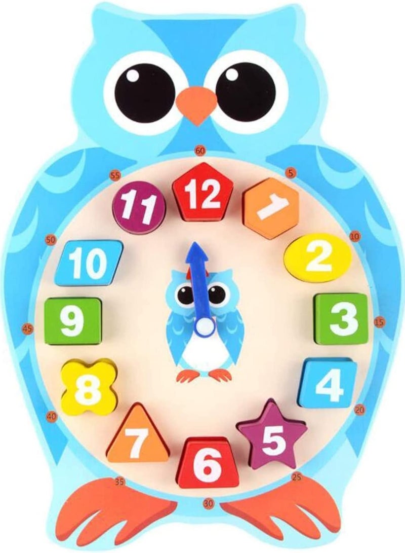 Zikra Wooden Shape Sorting Clock - Adorable Cartoon Owl and Frog Design, Educational Time Number Puzzle Toy for Kids, Perfect Learning Tool for Boys and Girls, Early Childhood Development.