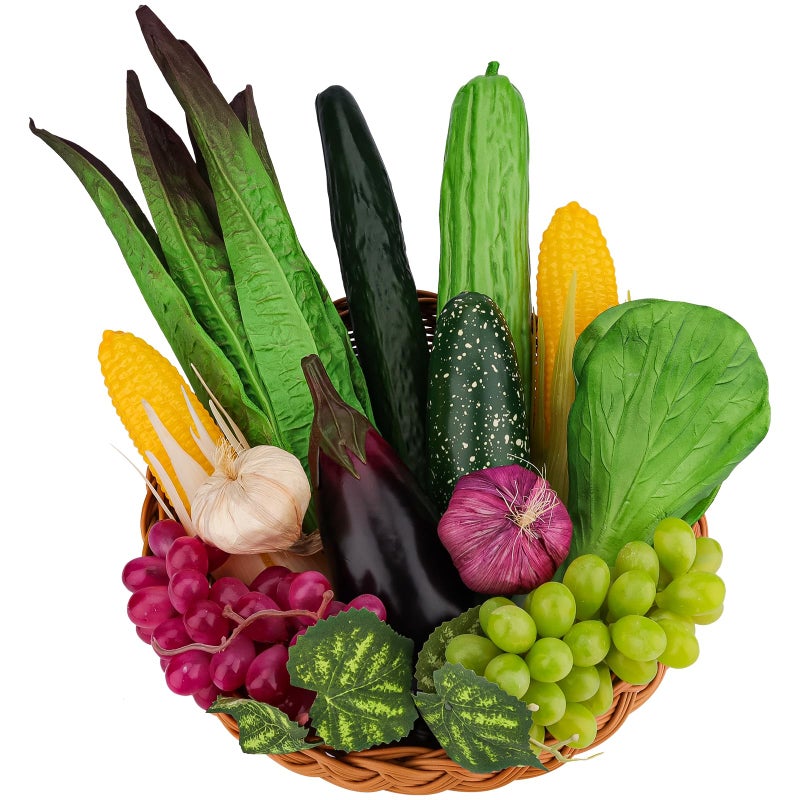 Meiwlong مجموعة ميولونغ 12 قطعة من الخضروات المزيفة زينة بلاستيكية واقعية من الفواكه والخضروات خضروات صناعية لتزيين المنزل والمطبخ خضروات مزيفة مثل الذرة والخيار لعرض props التصوير