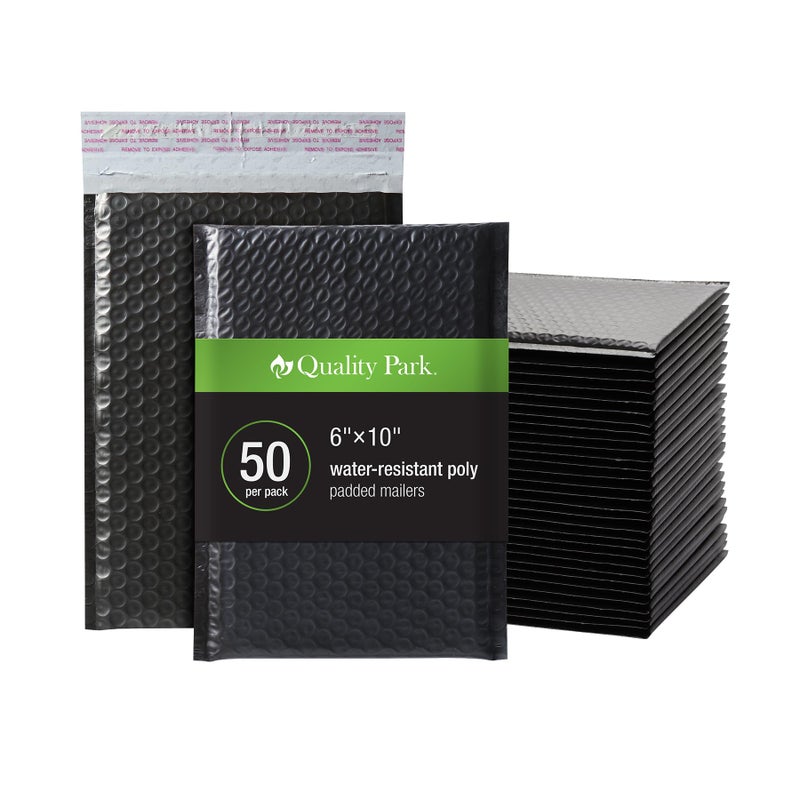 Quality Park Bubble Mailers, 6 x 9, Black Poly Mailers, Padded Envelopes, Shipping Bags, Water Resistant, Self Seal, 50 Per Box (1002351) - Image 1