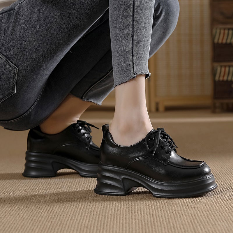 Genuine Leather Lace-Up Shoes, Size 32, Deep Mouth, 8Cm Internal Height Increase, Women'S Single Shoes, Platform Shoes, Thick-Soled Versatile Loafers - Image 5