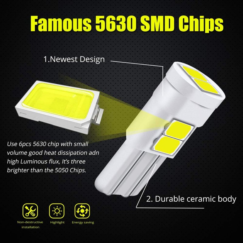 YEERON Interior Exterior Lighting Ceramics T10 LED Light Super Bright 6x5630SMD Chips 168 194 2825 W5W LED Bulbs for Side Marker Door Wedge lights,White 6000K.10-Pack. - Image 3