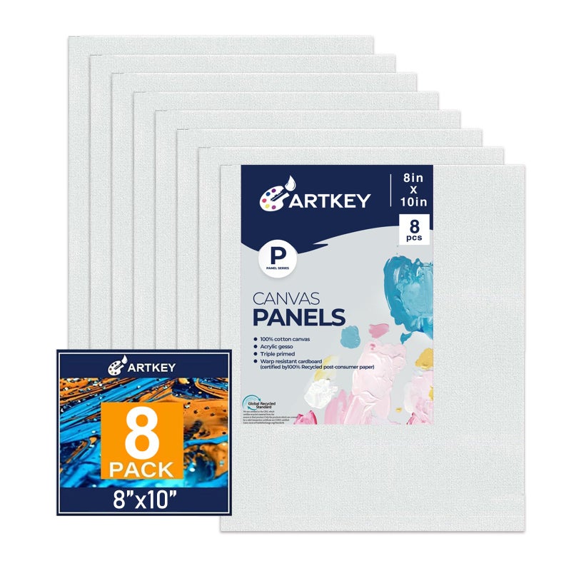 Artkey Canvases for Painting, 8x10 Inch 8-Pack, 10 oz Primed 100% Cotton White Blank Canvas Boards, Art Supplies Canvas Panels for Oil Acrylics Watercolor & Tempera Paints - Image 1