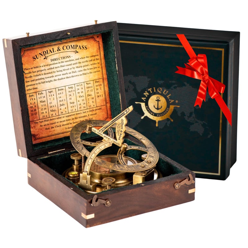 Antiqula Antiqula 5 inch Large Sundial Compass with Wooden Rosewood Box Perfectly Calibrated Steampunk Antique Brass Sundial Clock with Chart for Guidance Ideal Nautical  Vintage Gift for Men 
