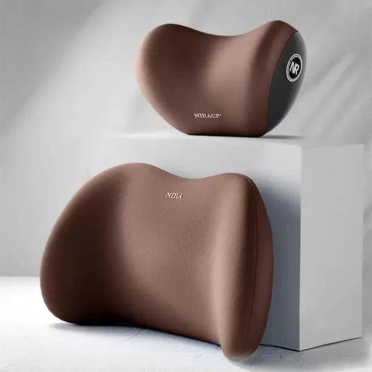CREWLA Car Neck and Back Cushion Lumbar Support Pillow for Office Chair and Car SeatSoftness Memory Foam Comfortable Ergonomic Design for Neck and Back Rest Pillow Brown - Image 1