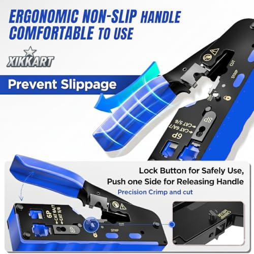 XIKKART RJ45 Crimping Tool Kit, Passthrough Cat7 Cat6A Cat6 Cat5E Cat5 RJ45 Ethernet Crimp Tool with 10PCS Cat7 Pass Through Connectors 10PCS Cat6 Pass Through Connectors 10PCS Covers 1 Network Tester - Image 5