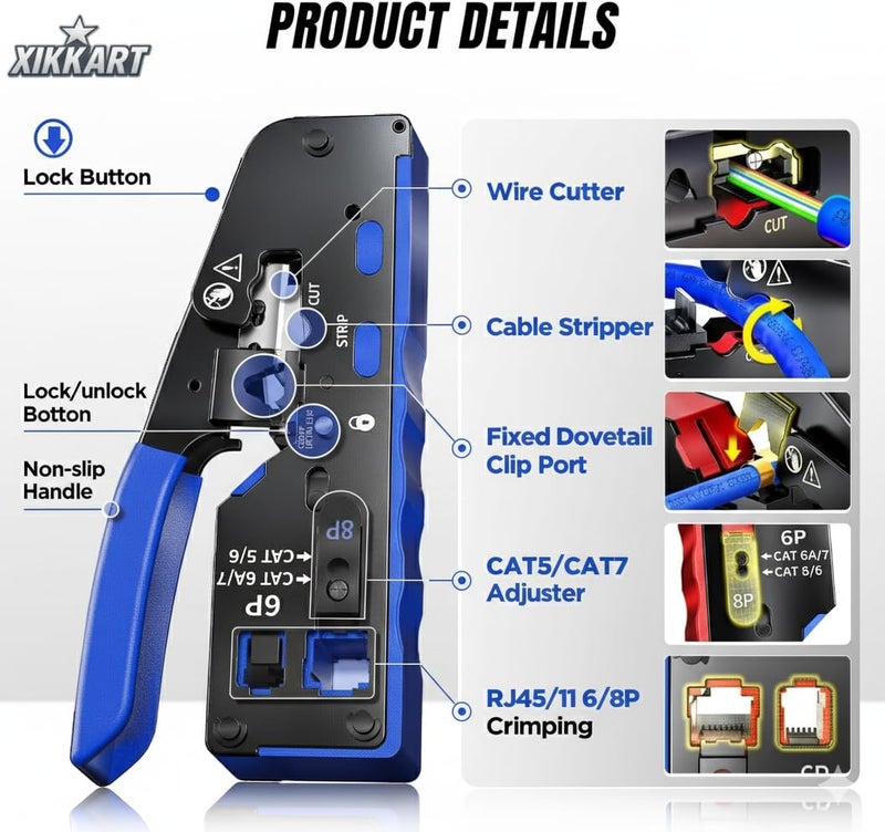 XIKKART RJ45 Crimping Tool Kit, Passthrough Cat7 Cat6A Cat6 Cat5E Cat5 RJ45 Ethernet Crimp Tool with 10PCS Cat7 Pass Through Connectors 10PCS Cat6 Pass Through Connectors 10PCS Covers 1 Network Tester - Image 3