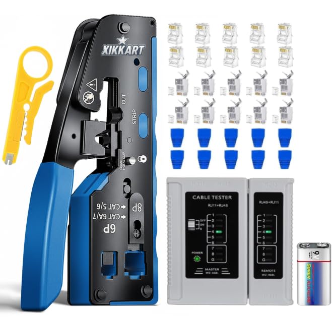 XIKKART RJ45 Crimping Tool Kit, Passthrough Cat7 Cat6A Cat6 Cat5E Cat5 RJ45 Ethernet Crimp Tool with 10PCS Cat7 Pass Through Connectors 10PCS Cat6 Pass Through Connectors 10PCS Covers 1 Network Tester - Image 1