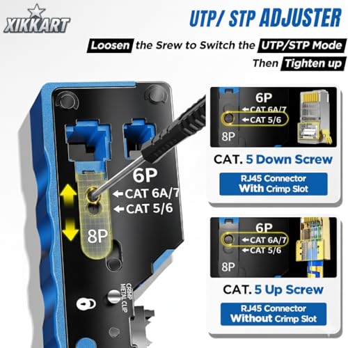 XIKKART RJ45 Crimping Tool Kit, Passthrough Cat7 Cat6A Cat6 Cat5E Cat5 RJ45 Ethernet Crimp Tool with 10PCS Cat7 Pass Through Connectors 10PCS Cat6 Pass Through Connectors 10PCS Covers 1 Network Tester - Image 4