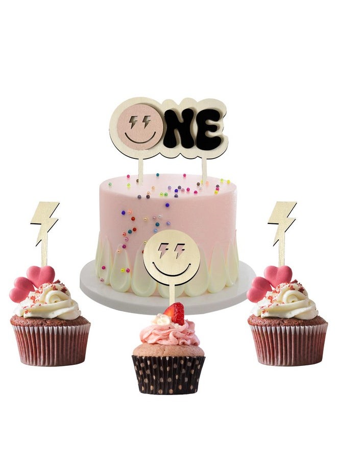 MLOLM One Happy Dude Cake Toppers For 1St Birthday Decorations,Wooden Smiley Face Cupcake Topper One Cool Dude Cake Topper For Hippie First Birthday Decoration Groovy One Birthday Props  - Image 1