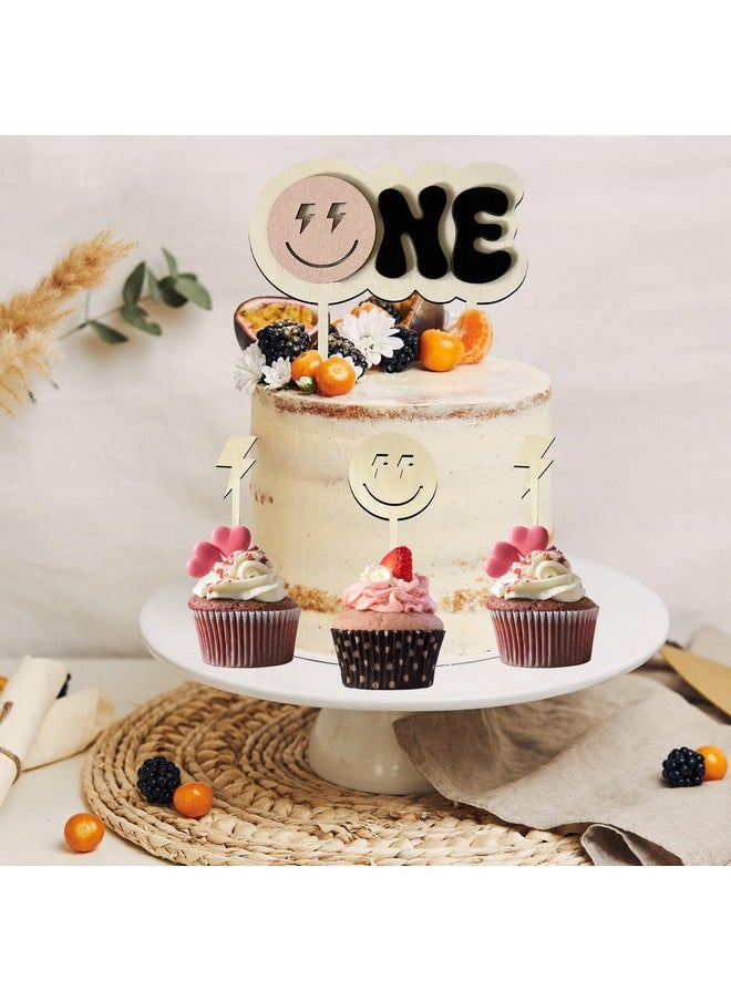 MLOLM One Happy Dude Cake Toppers For 1St Birthday Decorations,Wooden Smiley Face Cupcake Topper One Cool Dude Cake Topper For Hippie First Birthday Decoration Groovy One Birthday Props  - Image 3