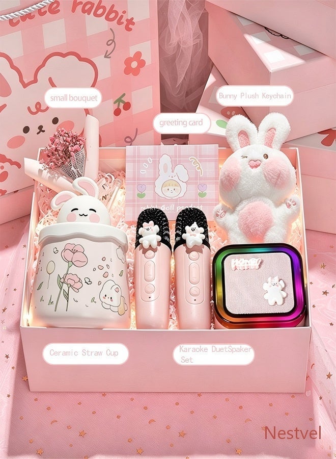 Nestvel Cute Rabbit Themed All-in-One Gift Set - Karaoke Speaker, Ceramic Cup & Decor Toy Hamper, Perfect Birthday & Party Gift for Girls Kids, Ideal for Home Decoration & Family Fun - Image 1