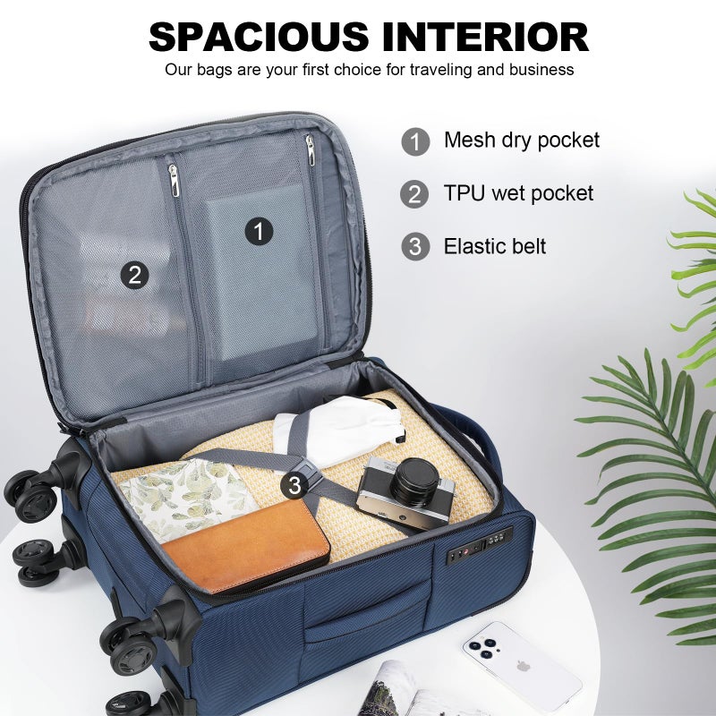KROSER Softside Expandable Carry On Luggage with Front Business Pocketsï¼Œ20 Inch Suitcases with Spinner Wheels & Built-in TSA Lock, Durable Suitcase Rolling Luggage with USB Port, Haze Blue - Image 3