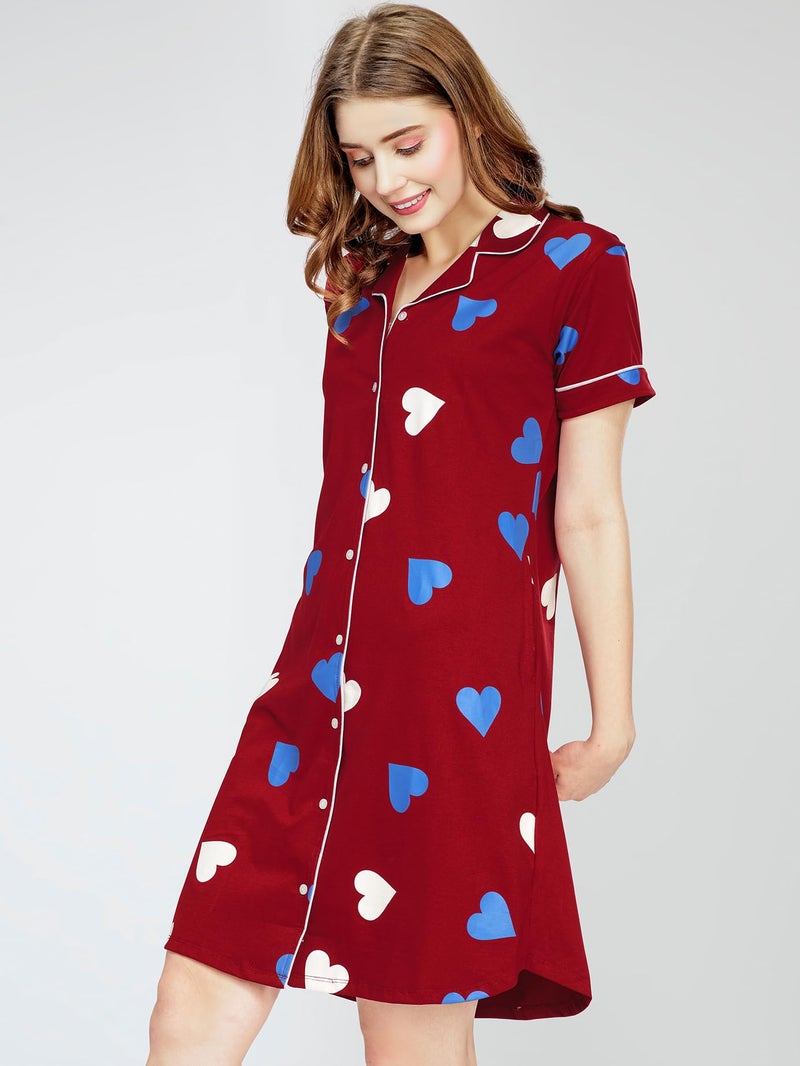 ZEYO Women's Cotton Maroon Night Dress Heart Printed Knee Length Night Gown 5792 - Image 4
