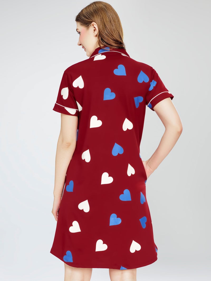 ZEYO Women's Cotton Maroon Night Dress Heart Printed Knee Length Night Gown 5792 - Image 5