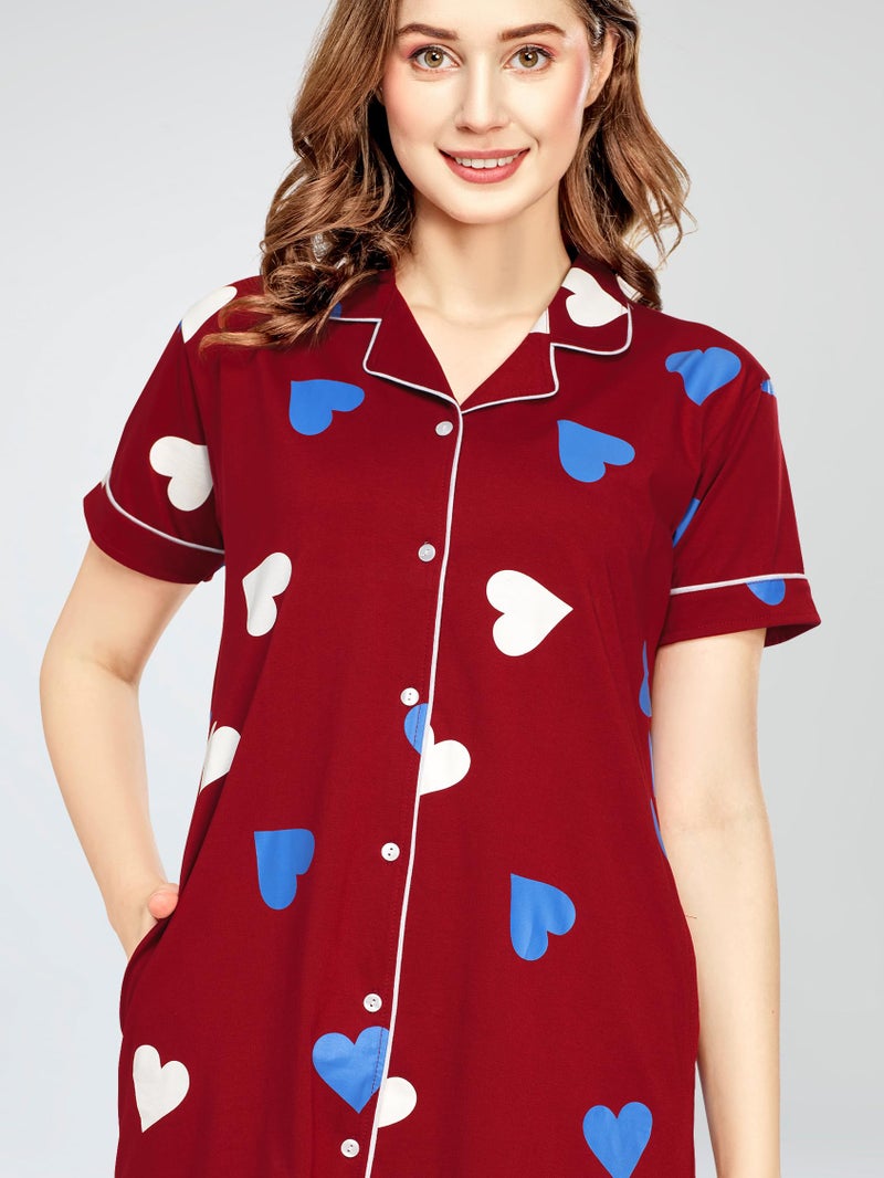 ZEYO Women's Cotton Maroon Night Dress Heart Printed Knee Length Night Gown 5792 - Image 2