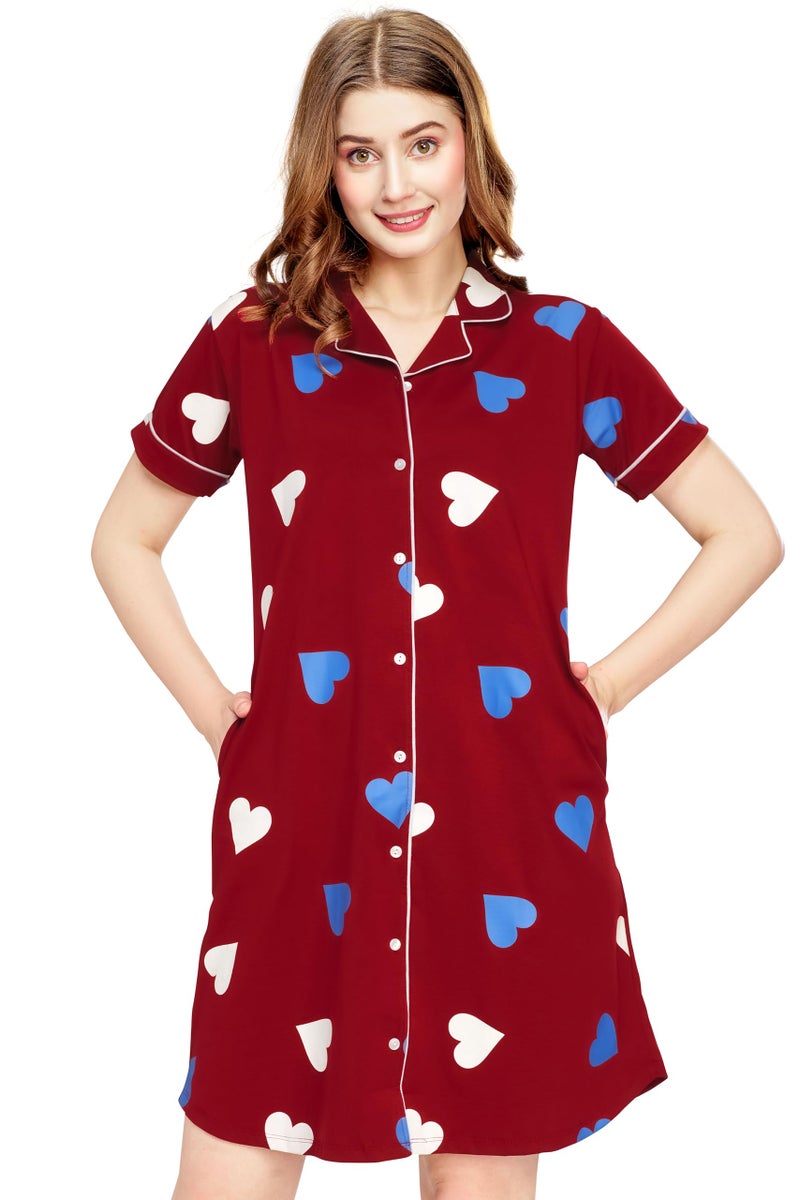 ZEYO Women's Cotton Maroon Night Dress Heart Printed Knee Length Night Gown 5792 - Image 1