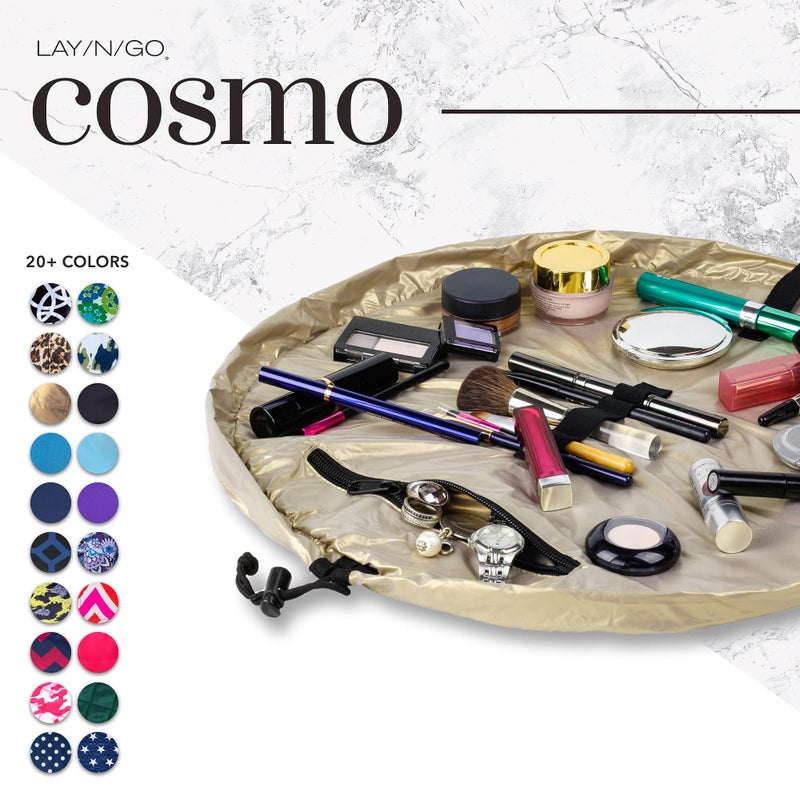 Lay-n-Go حقيبة تنظيم مستحضرات التجميل والمكياج Lay-n-Go Cosmo مع حبل سحب - حقيبة سحب محمولة مع جيب بسحاب، حلقات للمكياج والمزيد - حقيبة أدوات شخصية متينة وقابلة للغسل في الغسالة للسفر (20 بوصة، ذهبية معدنية) - Image 5