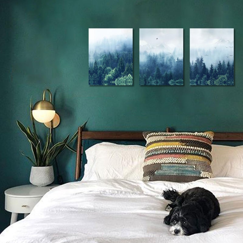 Arjun Foggy Forest Canvas Wall Art Misty Mountain Indigo Pictures Nature Navy Blue Painting Tree Landscape Artwork Framed for Bathroom Living Room Bedroom Home Office Wall Decor, 12"x16"x3 pcs - Image 4