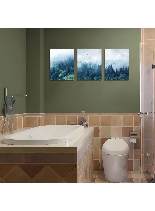 Arjun Foggy Forest Canvas Wall Art Misty Mountain Indigo Pictures Nature Navy Blue Painting Tree Landscape Artwork Framed for Bathroom Living Room Bedroom Home Office Wall Decor, 12"x16"x3 pcs - Image 5