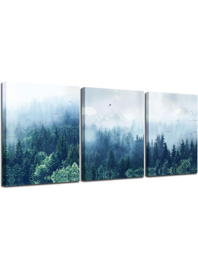 Arjun Foggy Forest Canvas Wall Art Misty Mountain Indigo Pictures Nature Navy Blue Painting Tree Landscape Artwork Framed for Bathroom Living Room Bedroom Home Office Wall Decor, 12"x16"x3 pcs - Image 1